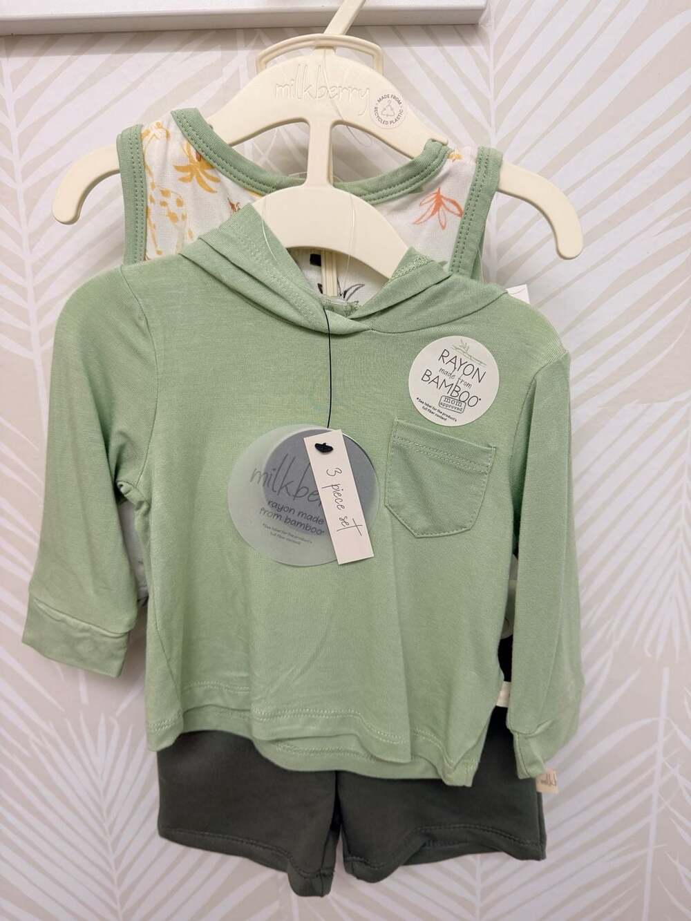 Milkberry 3-Piece Set Bamboo Green Hoodie, Safari Tank Top, and Pants